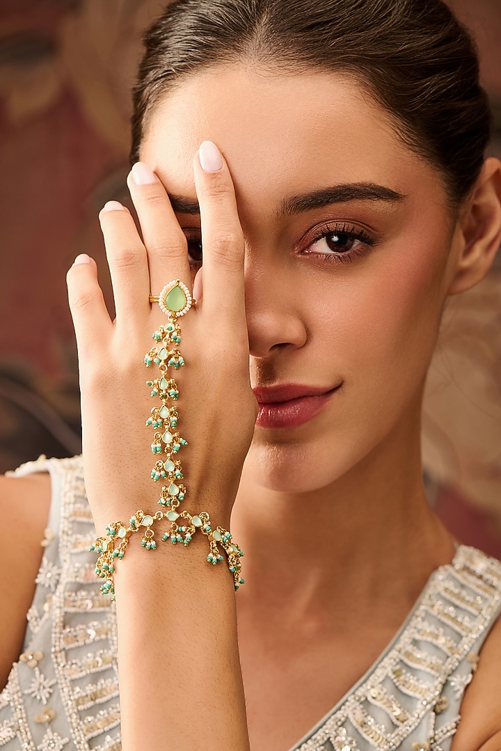 Gold Plated Red Turquoise Beaded & Pearl Adjustable Haathphool by Paisley Pop at Pernia's Pop Up Shop