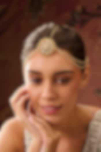 Gold Plated Red Kundan Polki & Pearl Adjustable Mathapatti by Paisley Pop at Pernia's Pop Up Shop