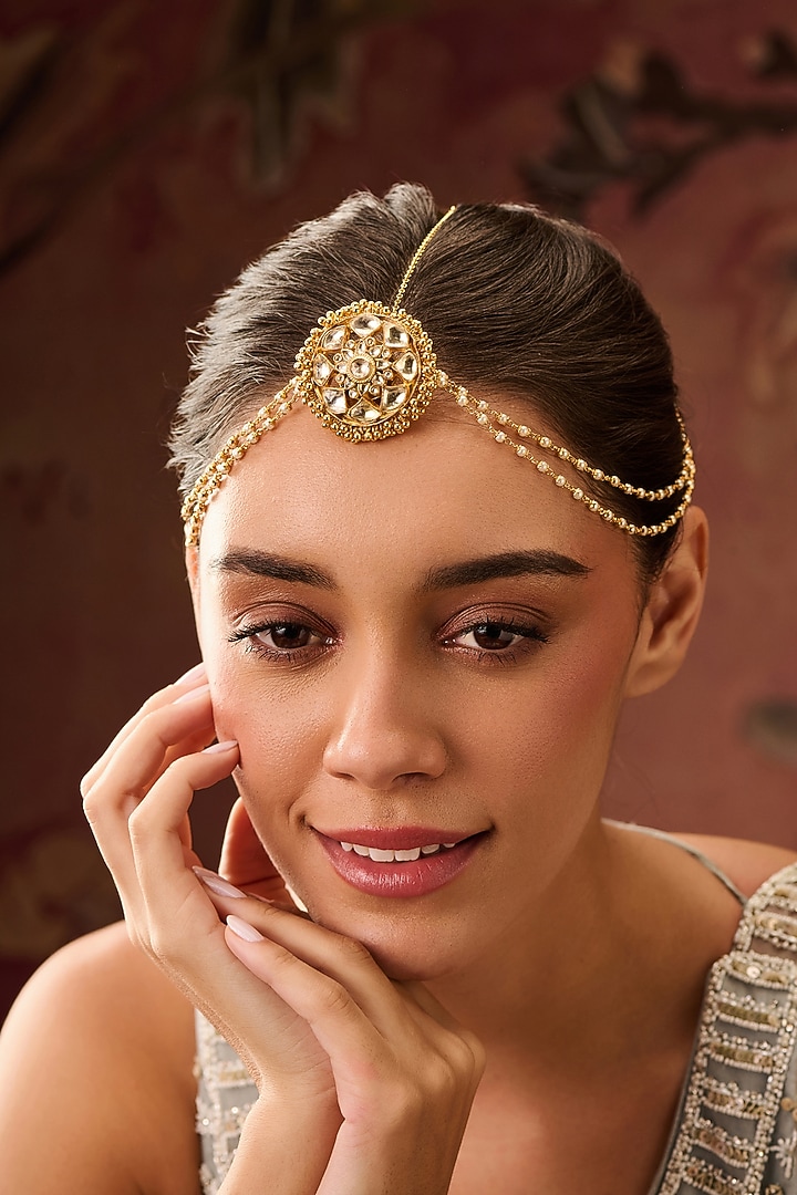 Gold Plated Red Kundan Polki & Pearl Adjustable Mathapatti by Paisley Pop at Pernia's Pop Up Shop