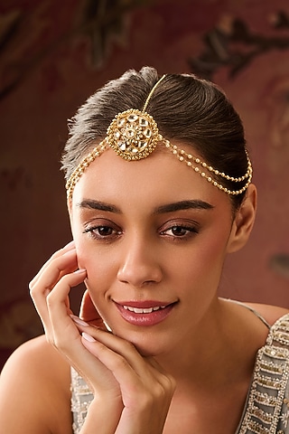 Gold Plated Red Kundan Polki & Pearl Adjustable Mathapatti by Paisley Pop