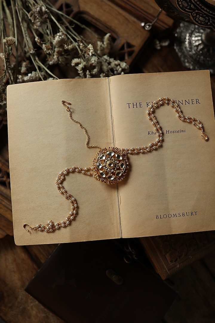 Gold Plated Red Kundan Polki & Pearl Adjustable Mathapatti by Paisley Pop at Pernia's Pop Up Shop