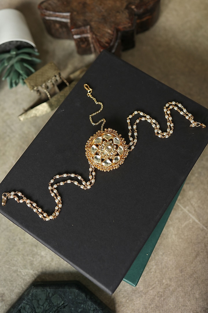 Gold Plated Red Kundan Polki & Pearl Adjustable Mathapatti by Paisley Pop at Pernia's Pop Up Shop