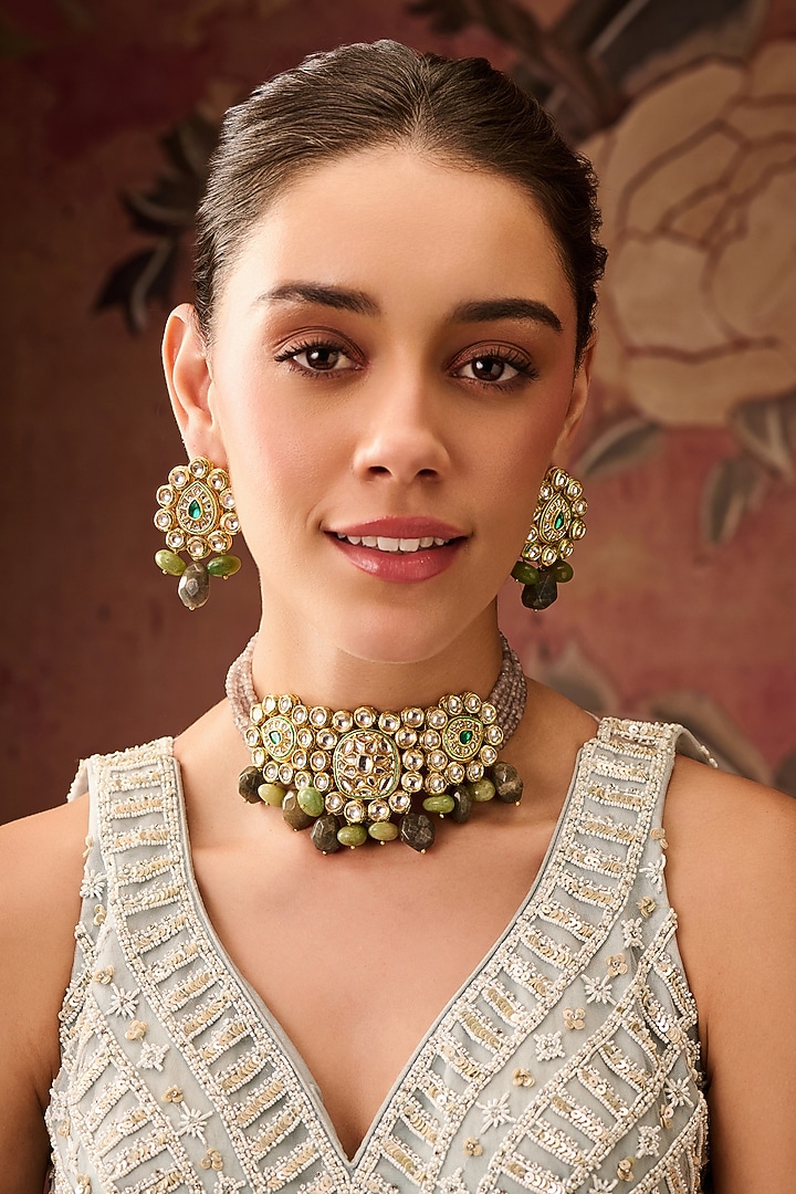 Gold Plated Grey Onyx & Mint Green Stone Floral Necklace Set by Paisley Pop at Pernia's Pop Up Shop