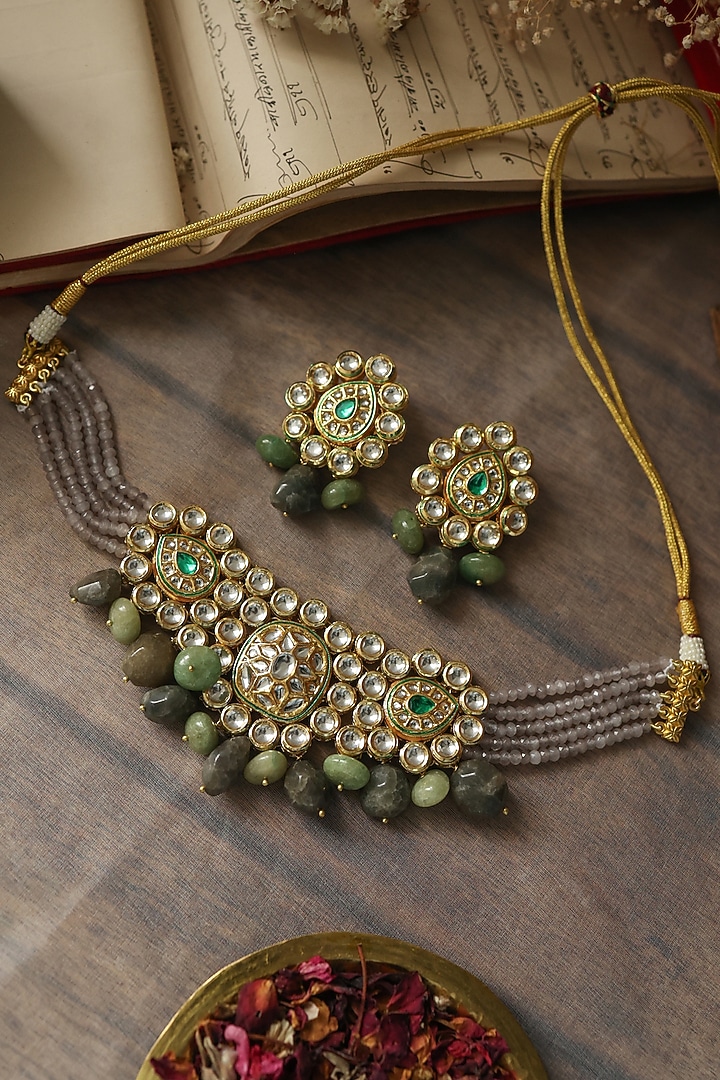 Gold Plated Grey Onyx & Mint Green Stone Floral Necklace Set by Paisley Pop at Pernia's Pop Up Shop