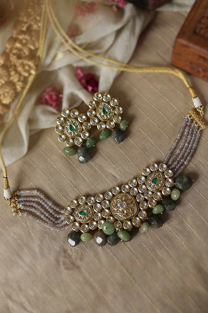 Gold Plated Grey Onyx & Mint Green Stone Floral Necklace Set by Paisley Pop at Pernia's Pop Up Shop