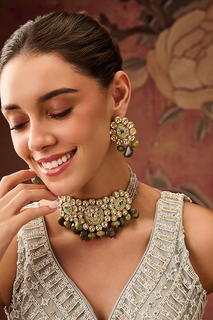 Gold Plated Grey Onyx & Mint Green Stone Floral Necklace Set by Paisley Pop at Pernia's Pop Up Shop