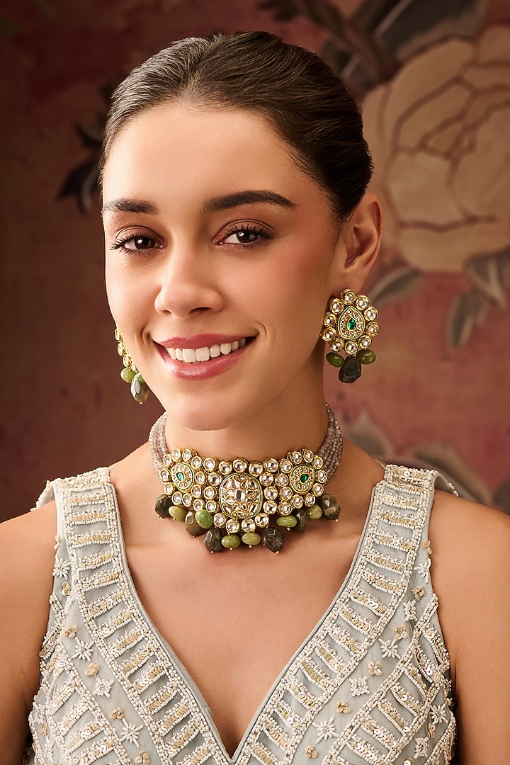Gold Plated Grey Onyx & Mint Green Stone Floral Necklace Set by Paisley Pop at Pernia's Pop Up Shop