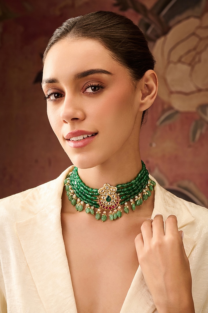 Gold Plated Kundan Polki & Jade Green Stone Necklace by Paisley Pop at Pernia's Pop Up Shop