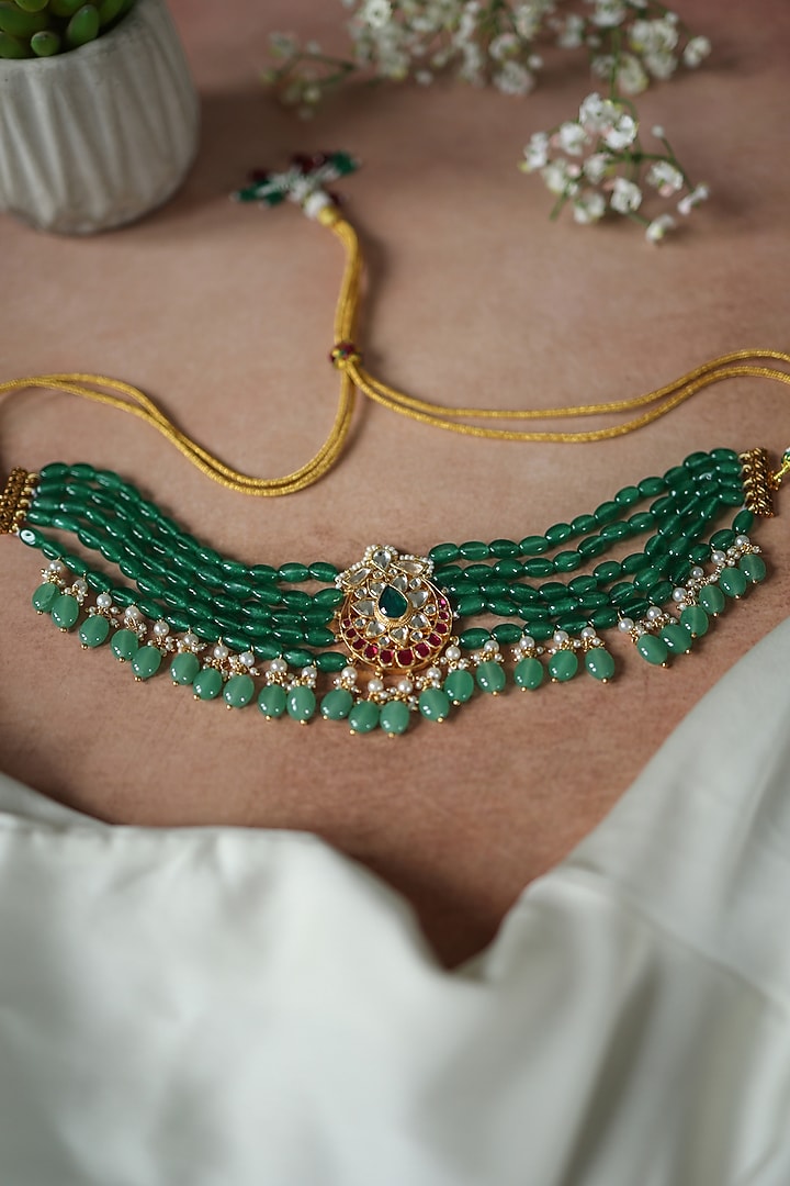 Gold Plated Kundan Polki & Jade Green Stone Necklace by Paisley Pop at Pernia's Pop Up Shop