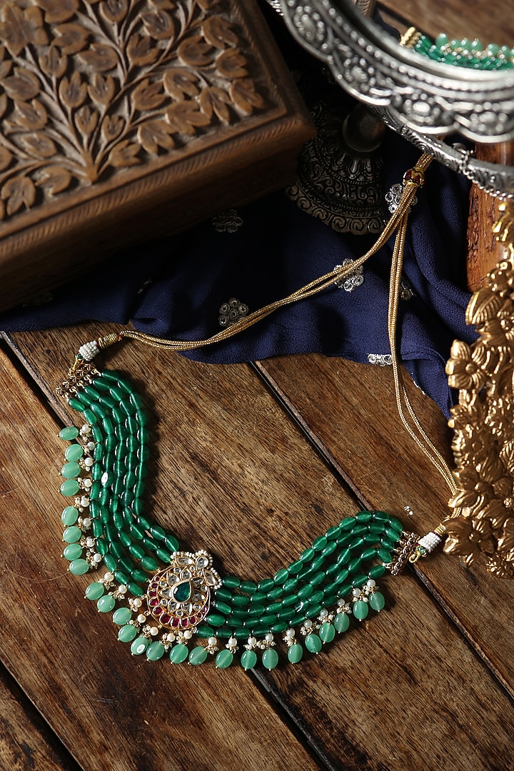 Gold Plated Kundan Polki & Jade Green Stone Necklace by Paisley Pop at Pernia's Pop Up Shop