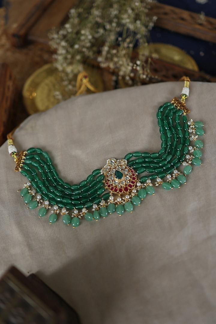 Gold Plated Kundan Polki & Jade Green Stone Necklace by Paisley Pop at Pernia's Pop Up Shop