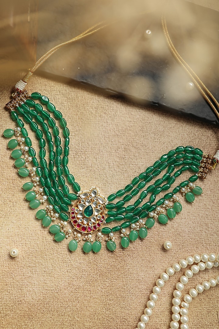 Gold Plated Kundan Polki & Jade Green Stone Necklace by Paisley Pop at Pernia's Pop Up Shop