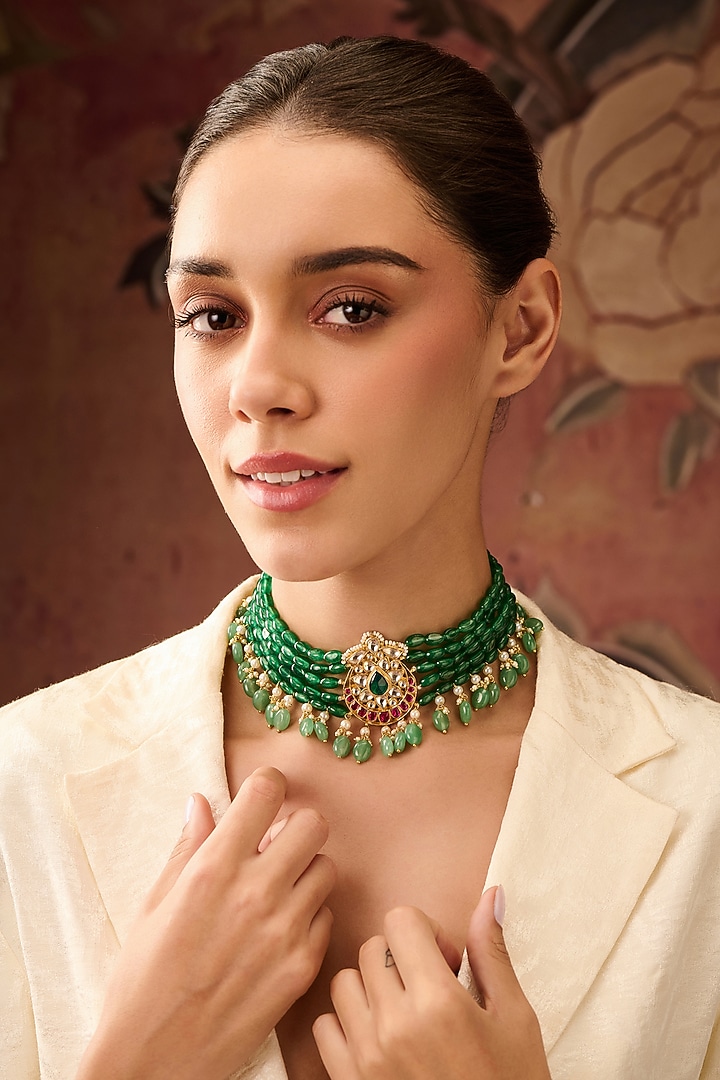 Gold Plated Kundan Polki & Jade Green Stone Necklace by Paisley Pop at Pernia's Pop Up Shop