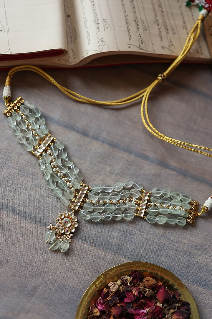Gold Plated Kundan Polki & Fluorite Stone Necklace by Paisley Pop at Pernia's Pop Up Shop