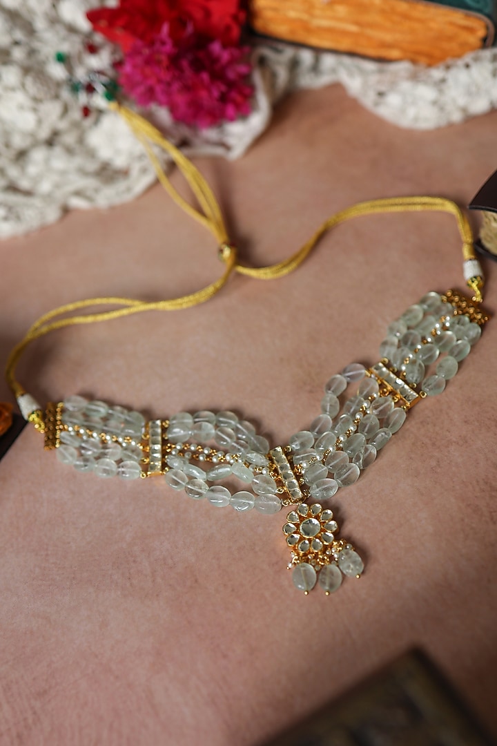 Gold Plated Kundan Polki & Fluorite Stone Necklace by Paisley Pop at Pernia's Pop Up Shop