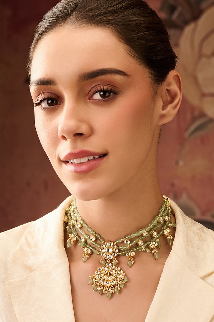 Gold Plated Kundan Polki & Mint Stone Necklace by Paisley Pop at Pernia's Pop Up Shop