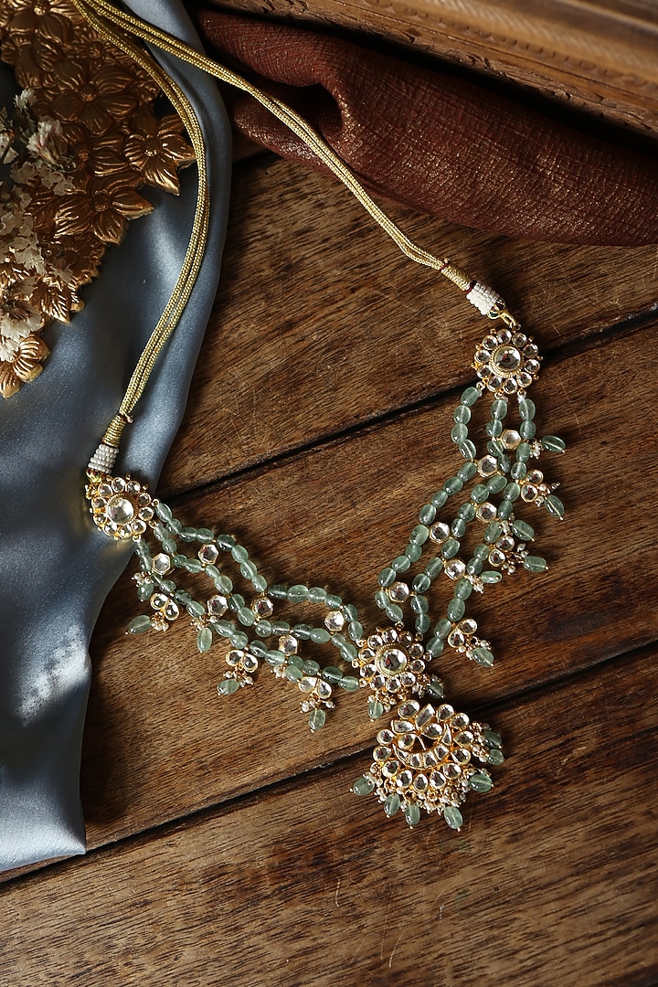 Gold Plated Kundan Polki & Mint Stone Necklace by Paisley Pop at Pernia's Pop Up Shop