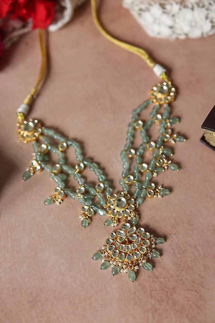Gold Plated Kundan Polki & Mint Stone Necklace by Paisley Pop at Pernia's Pop Up Shop