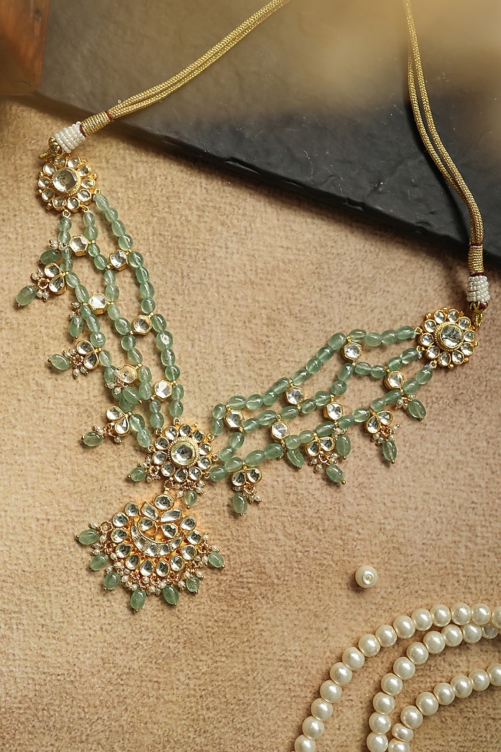 Gold Plated Kundan Polki & Mint Stone Necklace by Paisley Pop at Pernia's Pop Up Shop