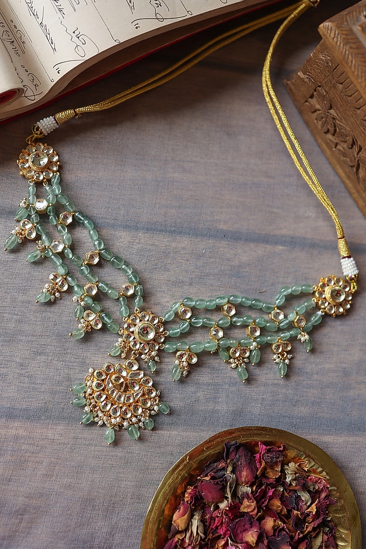 Gold Plated Kundan Polki & Mint Stone Necklace by Paisley Pop at Pernia's Pop Up Shop