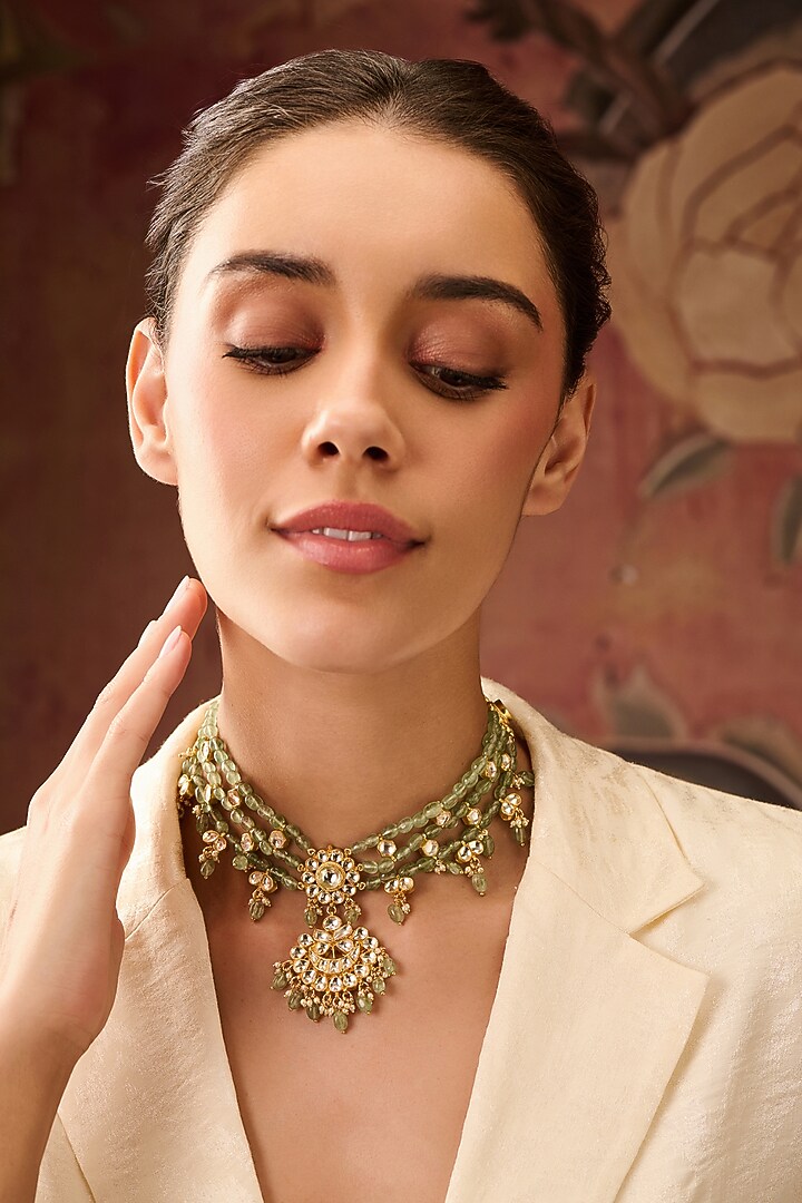Gold Plated Kundan Polki & Mint Stone Necklace by Paisley Pop at Pernia's Pop Up Shop