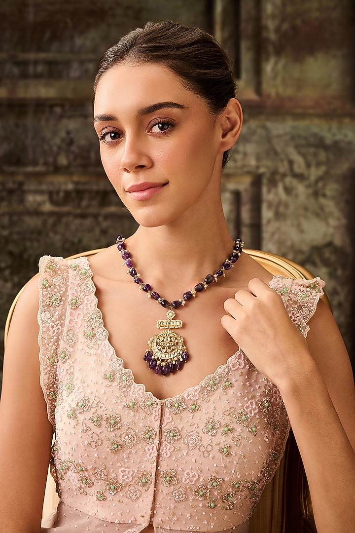 Gold Plated Kundan Polki & Amethyst Stone Necklace by Paisley Pop at Pernia's Pop Up Shop