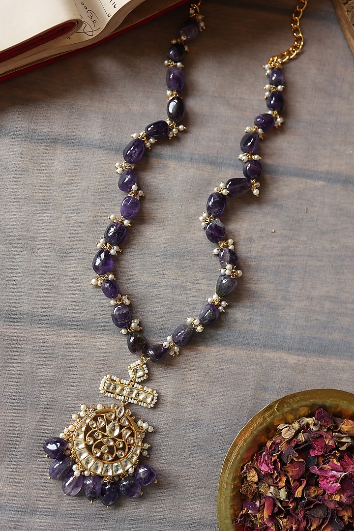 Gold Plated Kundan Polki & Amethyst Stone Necklace by Paisley Pop at Pernia's Pop Up Shop