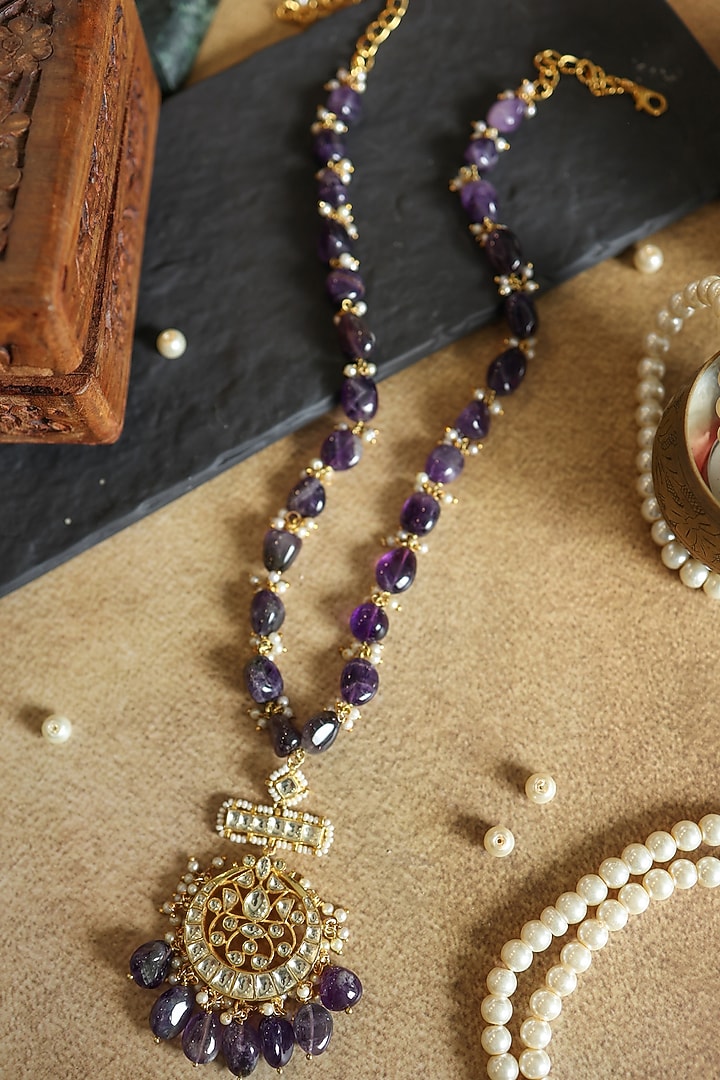 Gold Plated Kundan Polki & Amethyst Stone Necklace by Paisley Pop at Pernia's Pop Up Shop