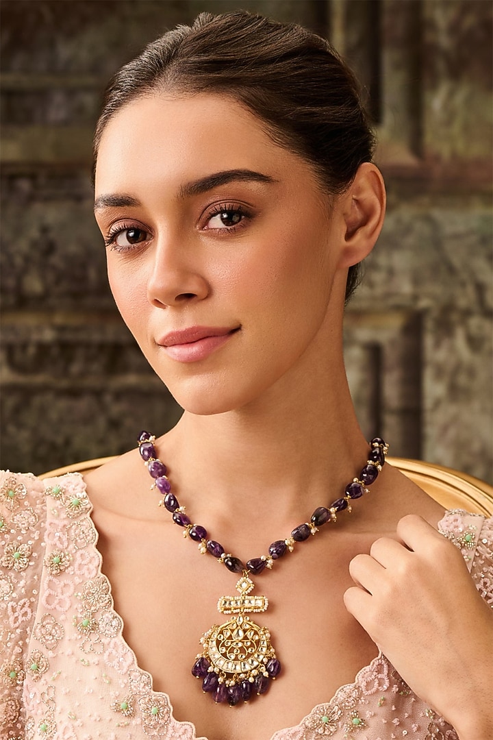 Gold Plated Kundan Polki & Amethyst Stone Necklace by Paisley Pop at Pernia's Pop Up Shop