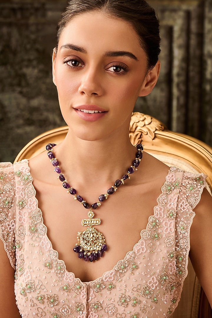 Gold Plated Kundan Polki & Amethyst Stone Necklace by Paisley Pop at Pernia's Pop Up Shop