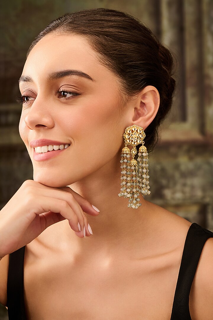Gold Plated Floral Kundan Polki & Blue Onyx Dangler Earrings by Paisley Pop at Pernia's Pop Up Shop