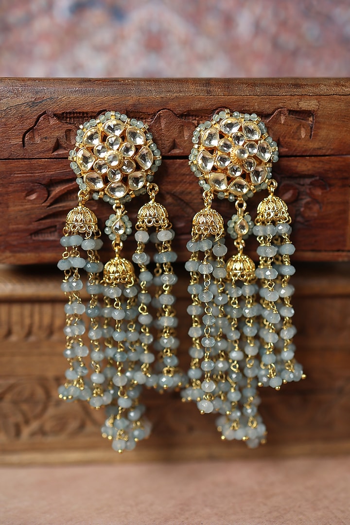 Gold Plated Floral Kundan Polki & Blue Onyx Dangler Earrings by Paisley Pop at Pernia's Pop Up Shop