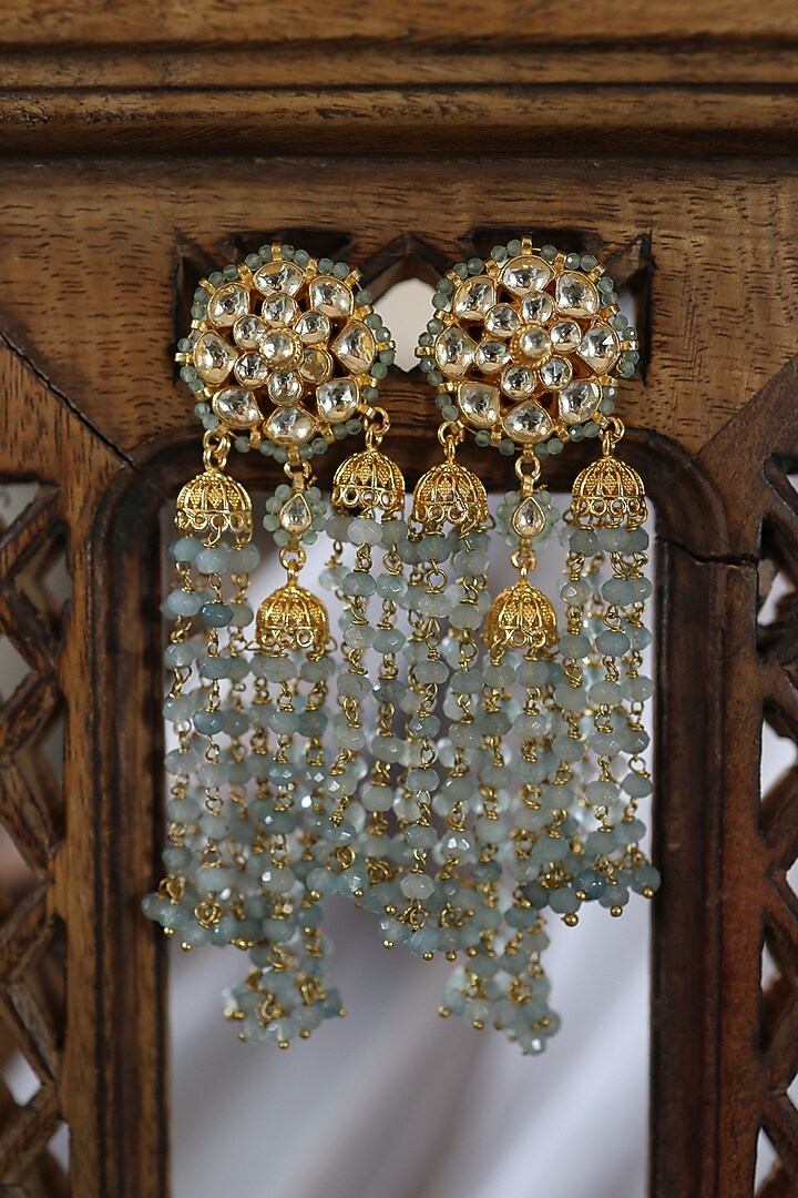 Gold Plated Floral Kundan Polki & Blue Onyx Dangler Earrings by Paisley Pop at Pernia's Pop Up Shop