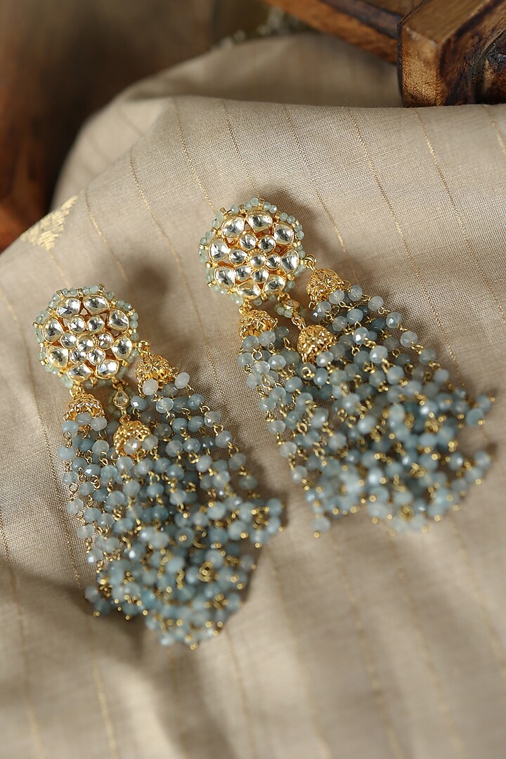 Gold Plated Floral Kundan Polki & Blue Onyx Dangler Earrings by Paisley Pop at Pernia's Pop Up Shop