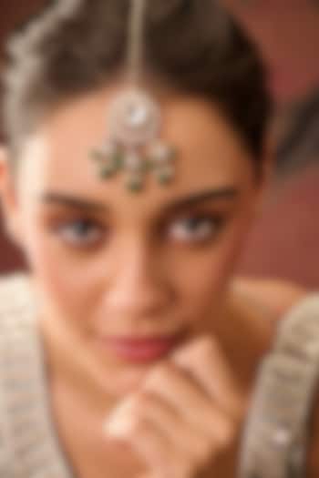 Gold Plated Floral Kundan Polki & Green Stone Maangtikka by Paisley Pop at Pernia's Pop Up Shop