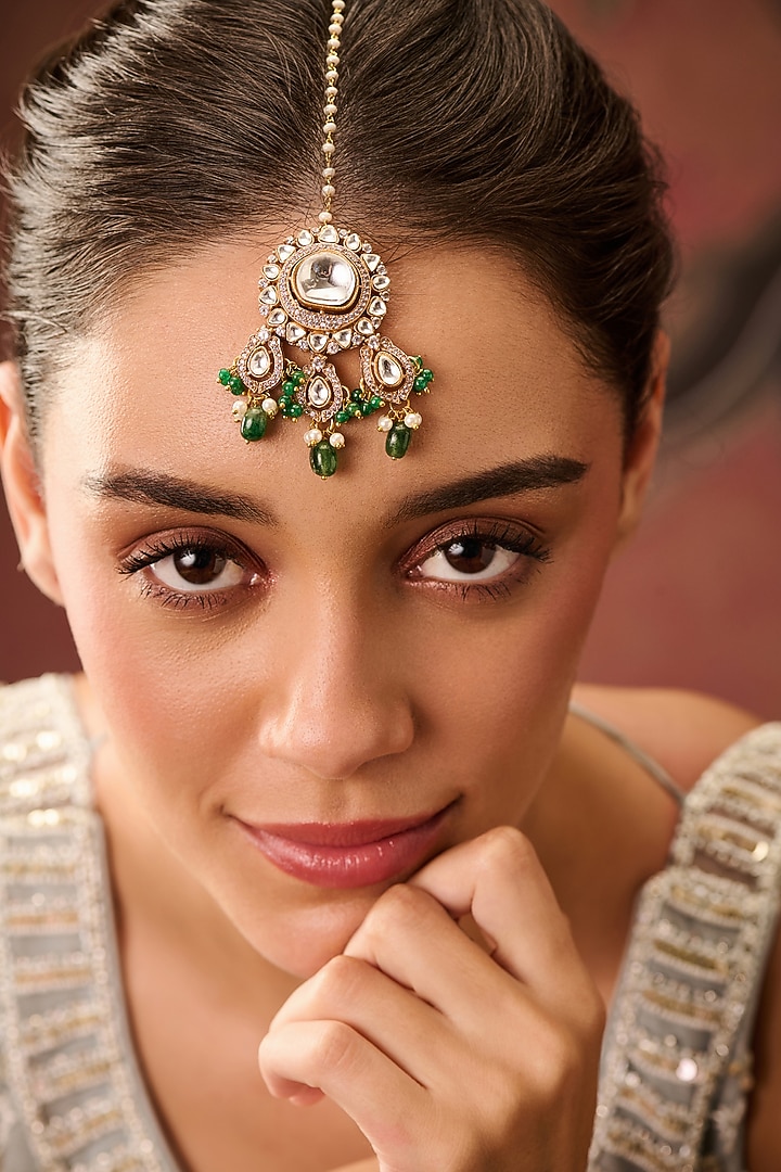Gold Plated Floral Kundan Polki & Green Stone Maangtikka by Paisley Pop at Pernia's Pop Up Shop