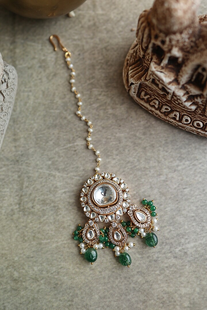 Gold Plated Floral Kundan Polki & Green Stone Maangtikka by Paisley Pop at Pernia's Pop Up Shop