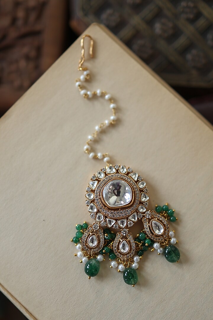 Gold Plated Floral Kundan Polki & Green Stone Maangtikka by Paisley Pop at Pernia's Pop Up Shop
