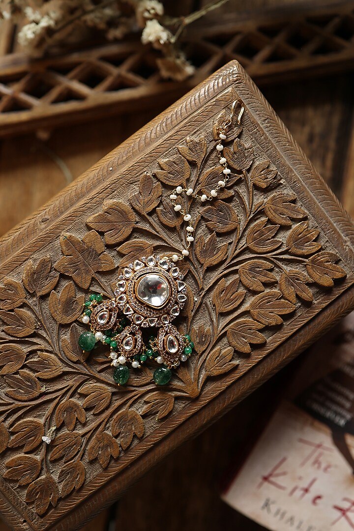 Gold Plated Floral Kundan Polki & Green Stone Maangtikka by Paisley Pop at Pernia's Pop Up Shop