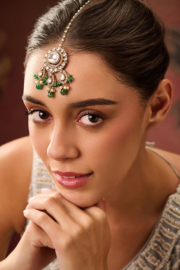 Gold Plated Floral Kundan Polki & Green Stone Maangtikka by Paisley Pop at Pernia's Pop Up Shop