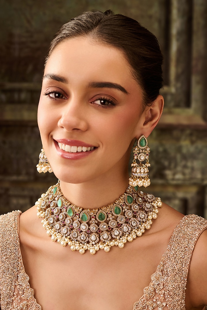 Gold Plated Kundan Polki & Fluorite Stone Necklace Set by Paisley Pop at Pernia's Pop Up Shop