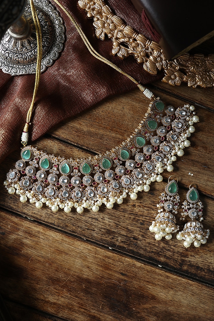 Gold Plated Kundan Polki & Fluorite Stone Necklace Set by Paisley Pop at Pernia's Pop Up Shop