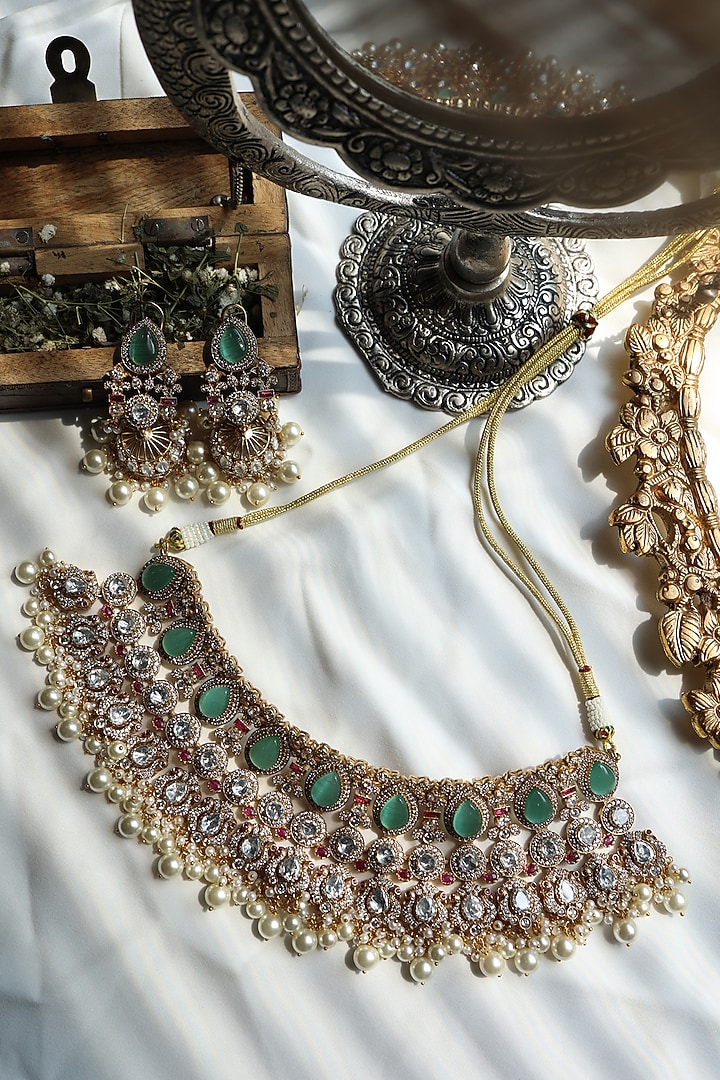 Gold Plated Kundan Polki & Fluorite Stone Necklace Set by Paisley Pop at Pernia's Pop Up Shop