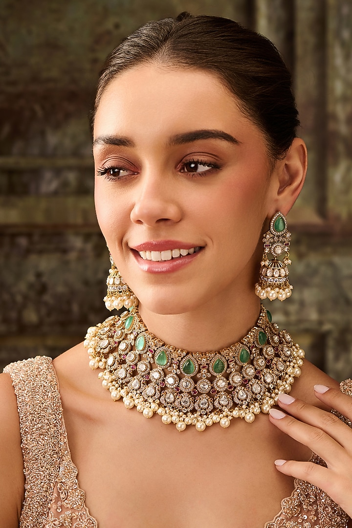 Gold Plated Kundan Polki & Fluorite Stone Necklace Set by Paisley Pop at Pernia's Pop Up Shop