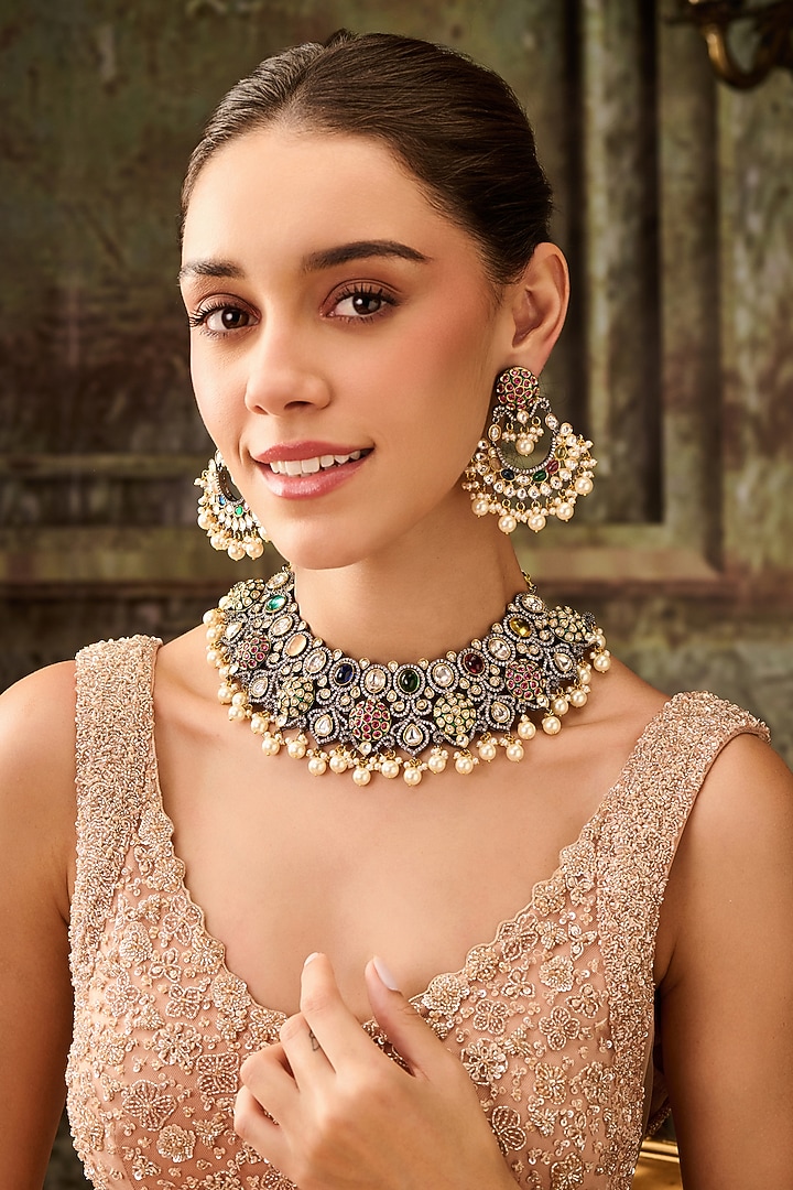 Gold Plated Kundan Polki & Multi-Colored Stone Necklace Set by Paisley Pop at Pernia's Pop Up Shop