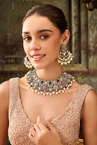 Gold Plated Kundan Polki & Multi-Colored Stone Necklace Set by Paisley Pop
