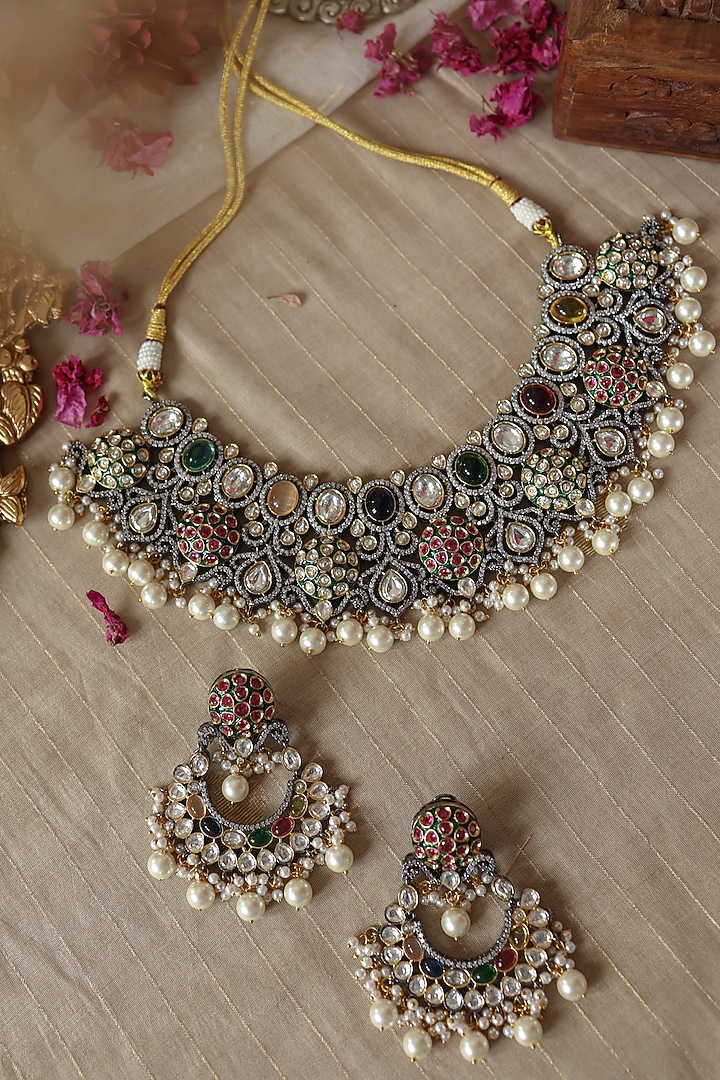 Gold Plated Kundan Polki & Multi-Colored Stone Necklace Set by Paisley Pop at Pernia's Pop Up Shop