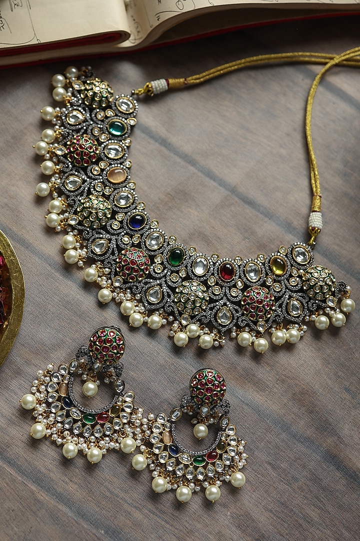Gold Plated Kundan Polki & Multi-Colored Stone Necklace Set by Paisley Pop at Pernia's Pop Up Shop