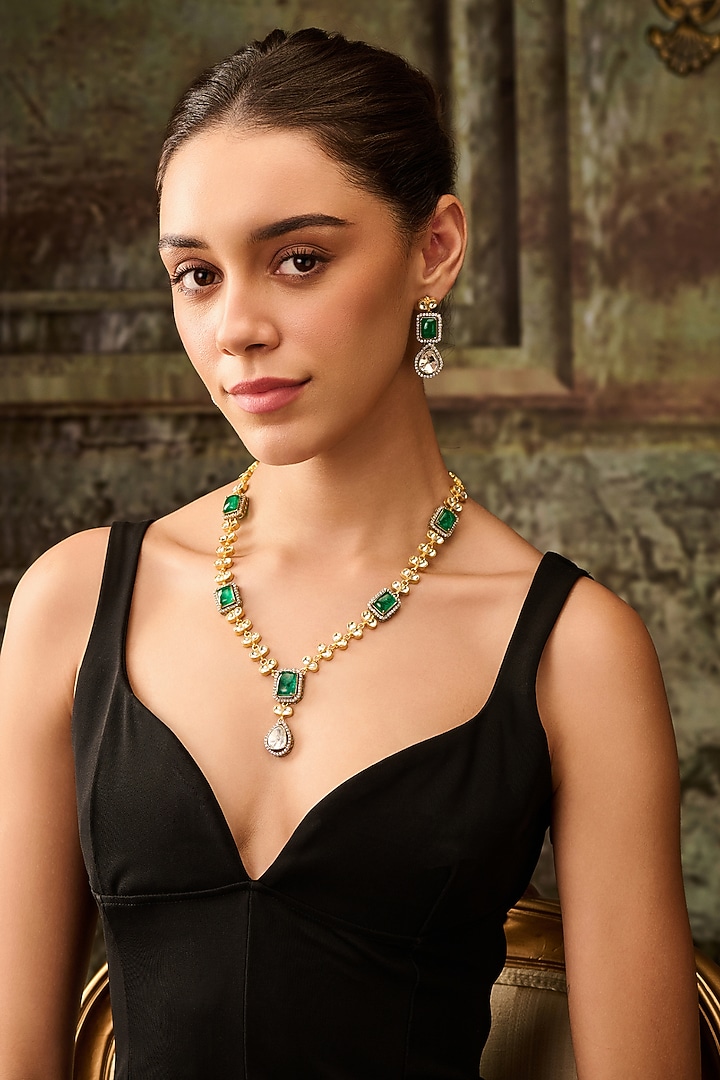 Gold Plated Cubic Zirconia & Green Doublet Stone Necklace Set by Paisley Pop at Pernia's Pop Up Shop