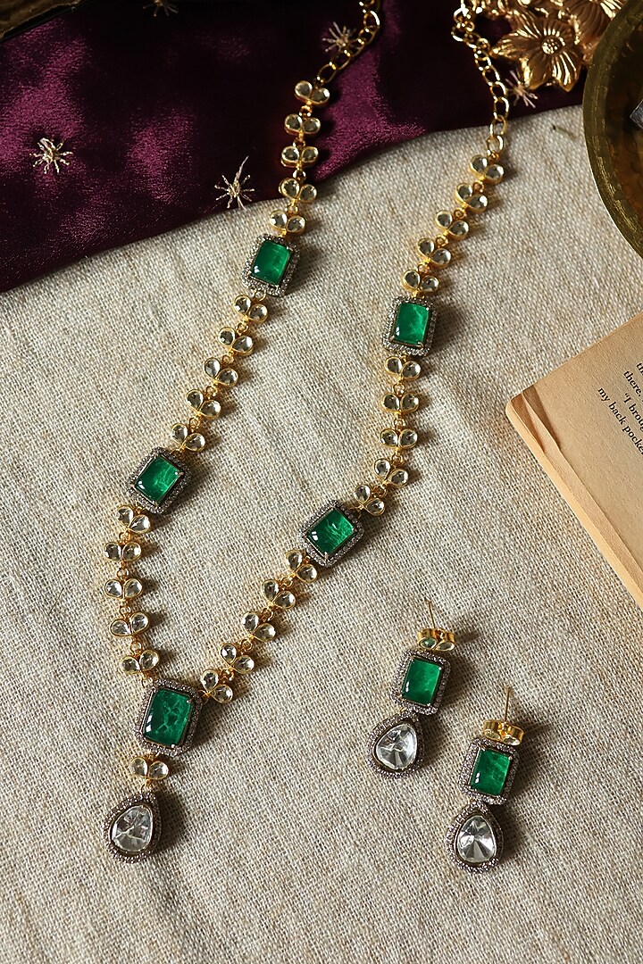 Gold Plated Cubic Zirconia & Green Doublet Stone Necklace Set by Paisley Pop at Pernia's Pop Up Shop
